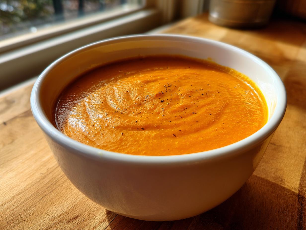 A close-up of a bowl filled with vibrant orange sweet potato coconut curry soup, lightly seasoned with pepper.