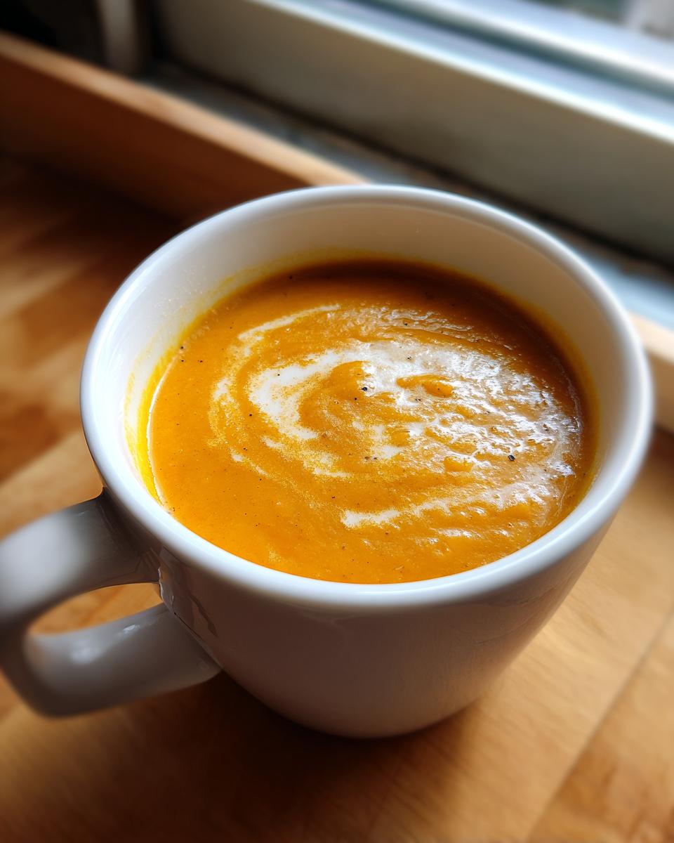 Close-up of vibrant orange sweet potato coconut curry soup garnished with a swirl of cream in a white mug.