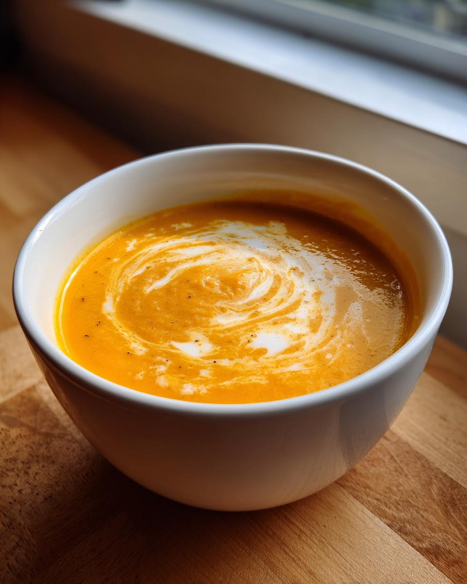 A vibrant orange bowl of sweet potato coconut curry soup swirled with cream, sitting on a wooden surface.