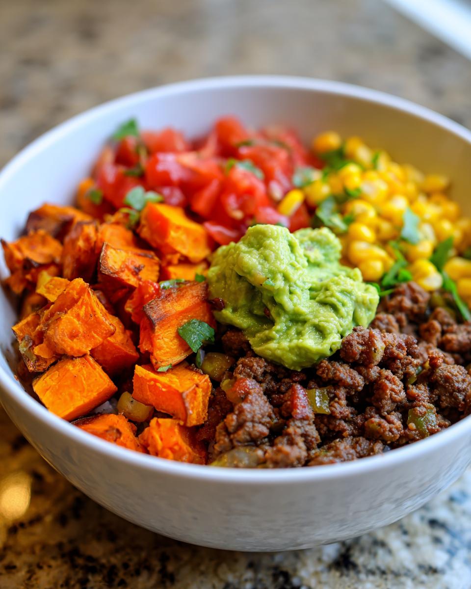 Close-up of a white bowl filled with ingredients for a sweet potato taco bowl, including roasted sweet potatoes, ground meat, guacamole, corn, and tomatoes.