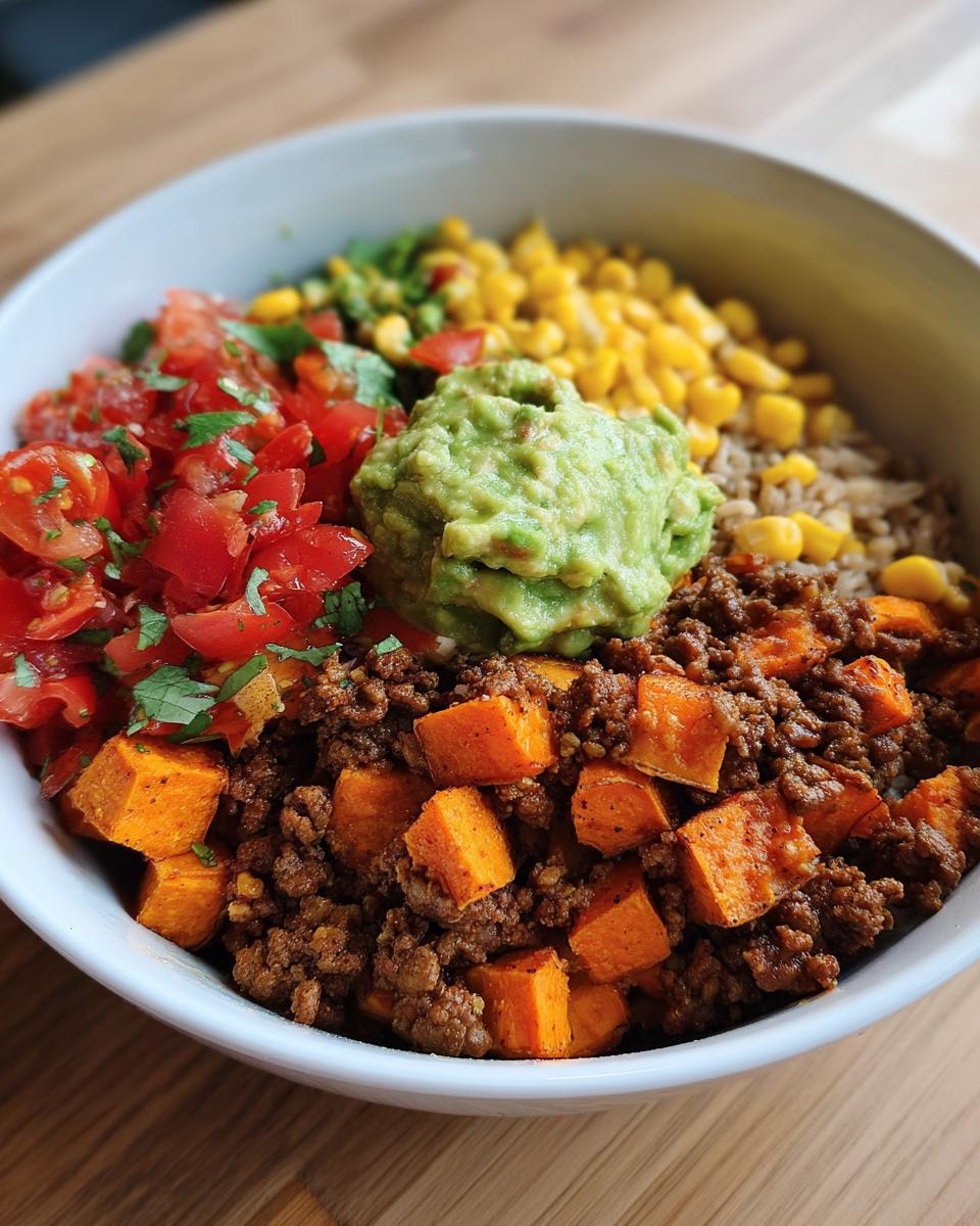A close-up of a vibrant sweet potato taco bowl featuring seasoned ground meat, roasted sweet potato cubes, guacamole, salsa, and corn.