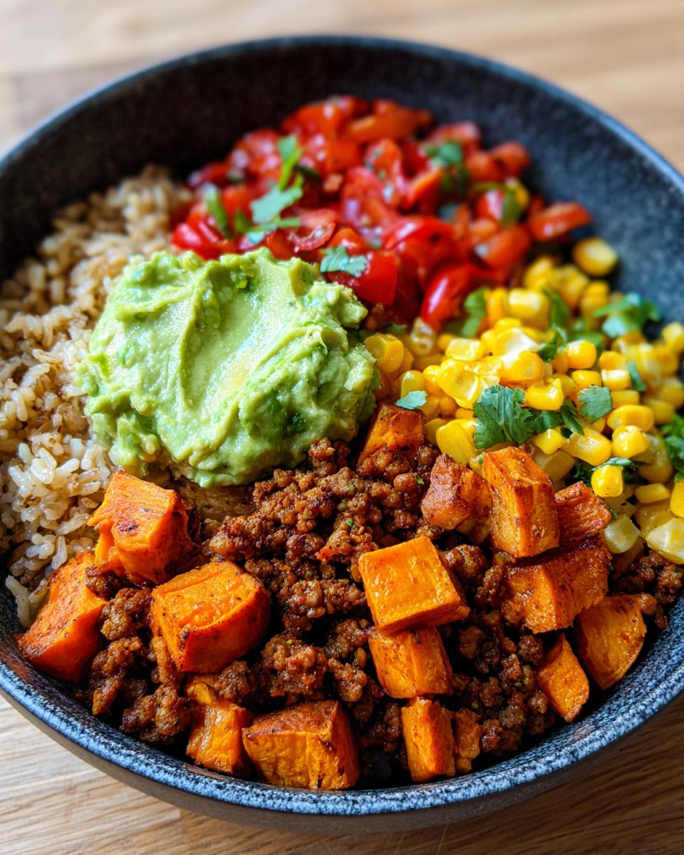 A vibrant close-up of a sweet potato taco bowl featuring seasoned ground meat, roasted sweet potato cubes, guacamole, corn, and salsa.