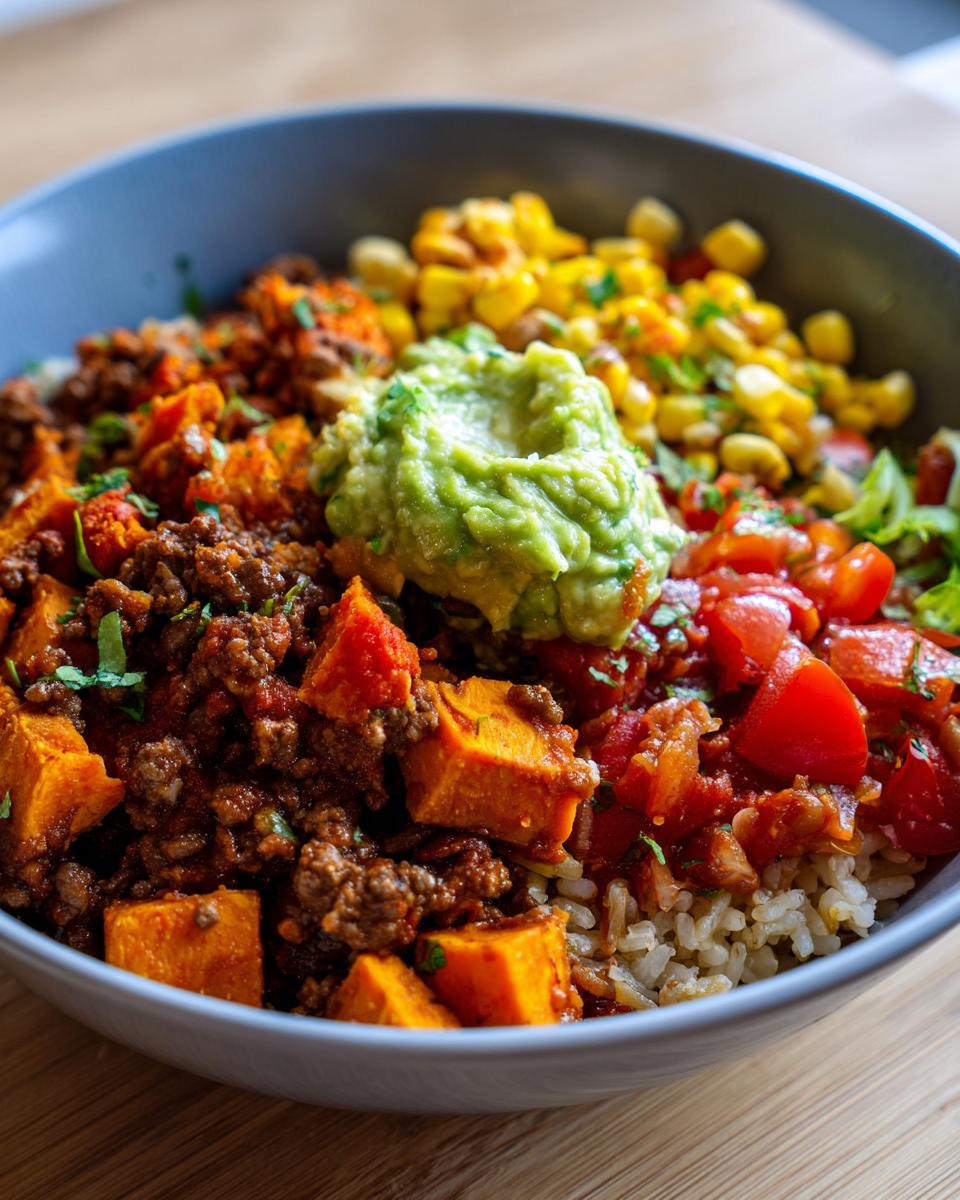 Close-up of a vibrant sweet potato taco bowl featuring ground meat, roasted sweet potato chunks, corn, tomatoes, and a dollop of guacamole.