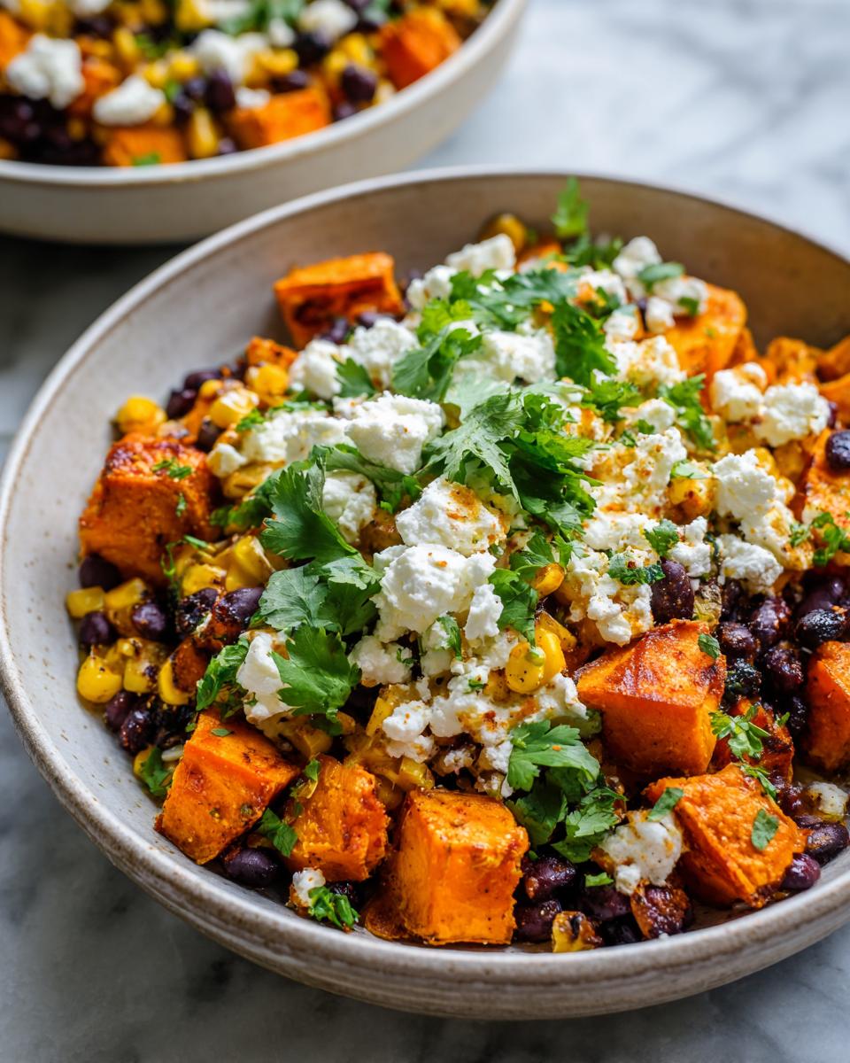 Close-up of a bowl filled with roasted sweet potato cubes, black beans, corn, cottage cheese, and cilantro for sweet potato taco bowls cottage cheese.