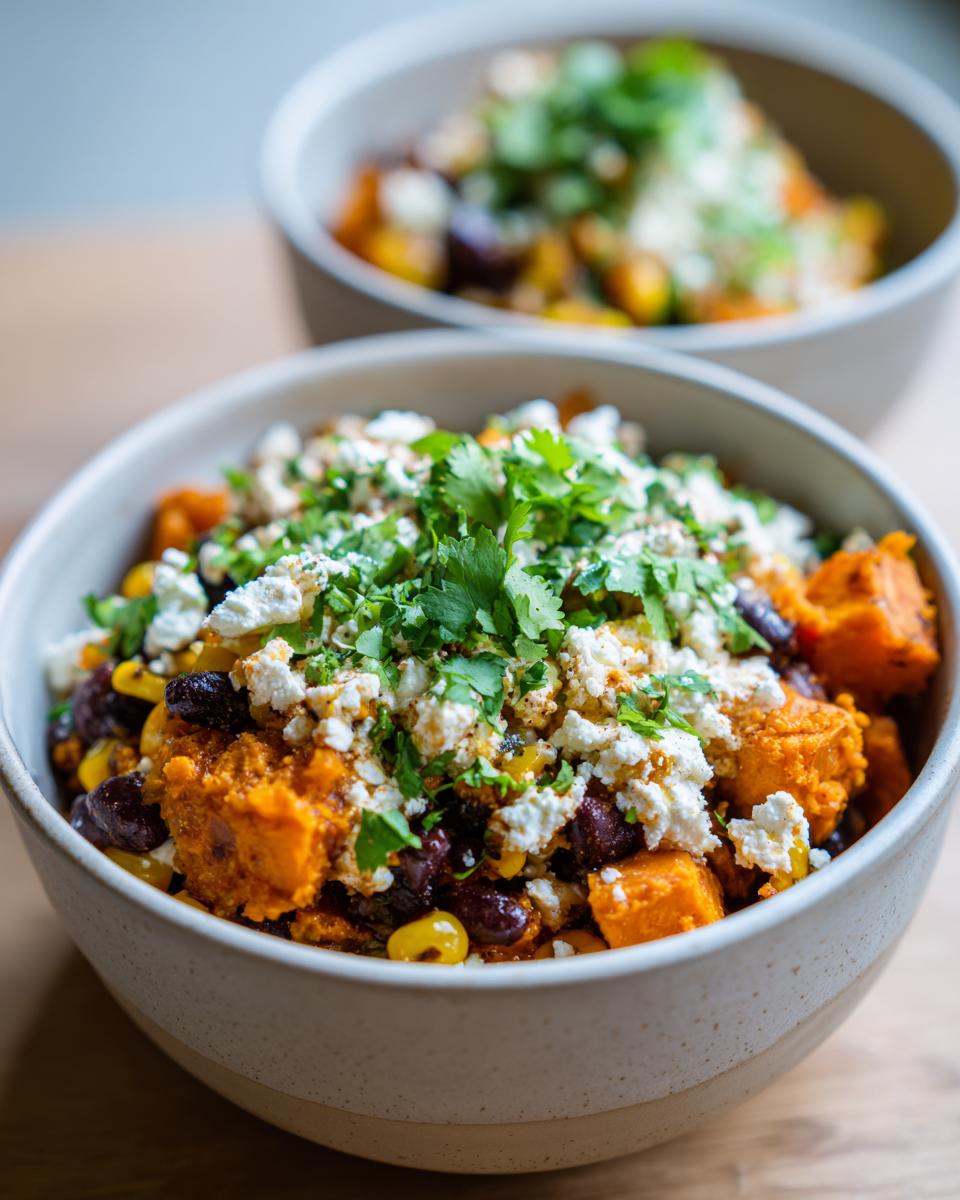 Close-up of sweet potato taco bowls cottage cheese topped with crumbled white cheese and fresh cilantro.