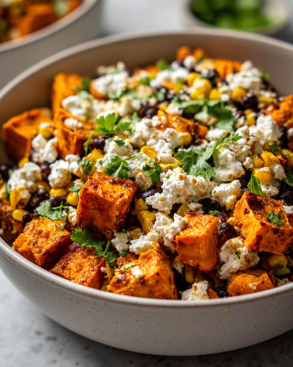 Close-up of sweet potato taco bowls cottage cheese mixture with black beans, corn, and cilantro.