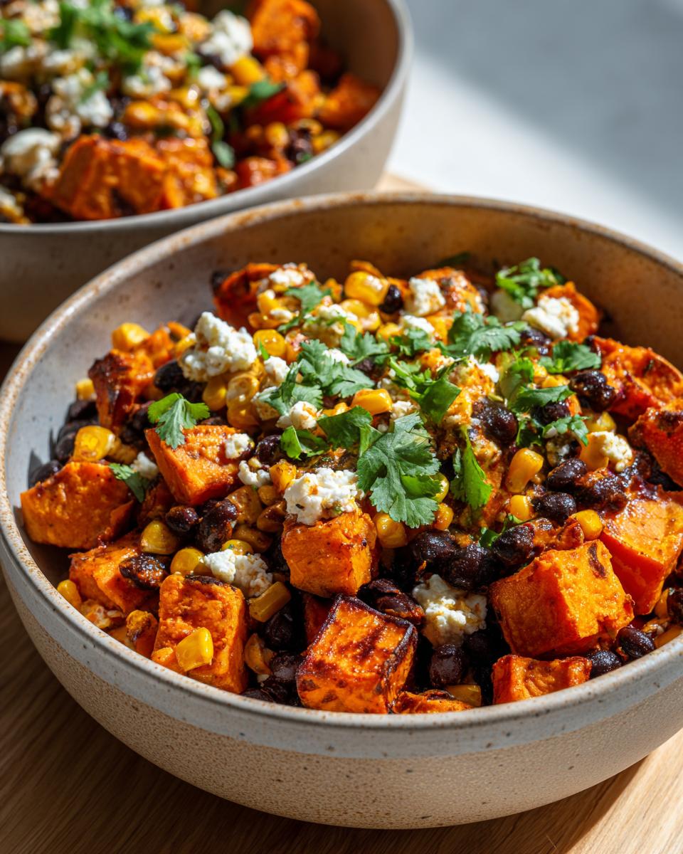 Close-up of a bowl filled with sweet potato taco bowls cottage cheese, black beans, corn, and cilantro.