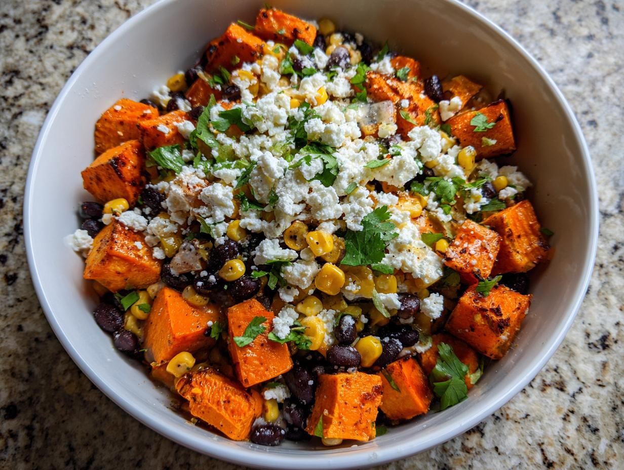 Close-up of sweet potato taco bowls featuring roasted sweet potatoes, black beans, corn, and crumbled cottage cheese.