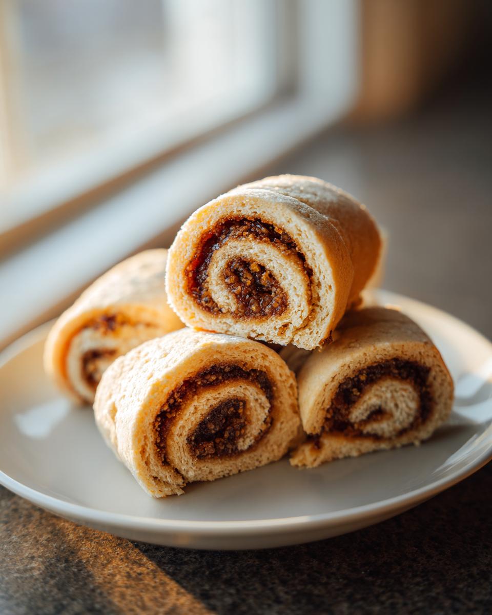 Four slices of tasteful bites Italian nut roll cookies stacked on a white plate, showing the rich, dark nut filling swirl.