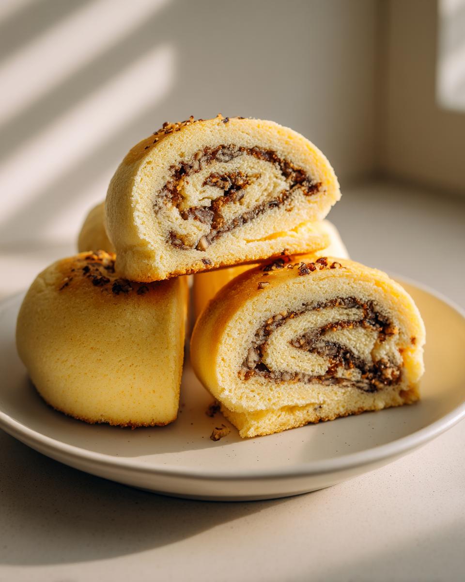 Close-up of sliced tasteful bites Italian nut roll cookies stacked on a plate, showing the spiral nut filling.