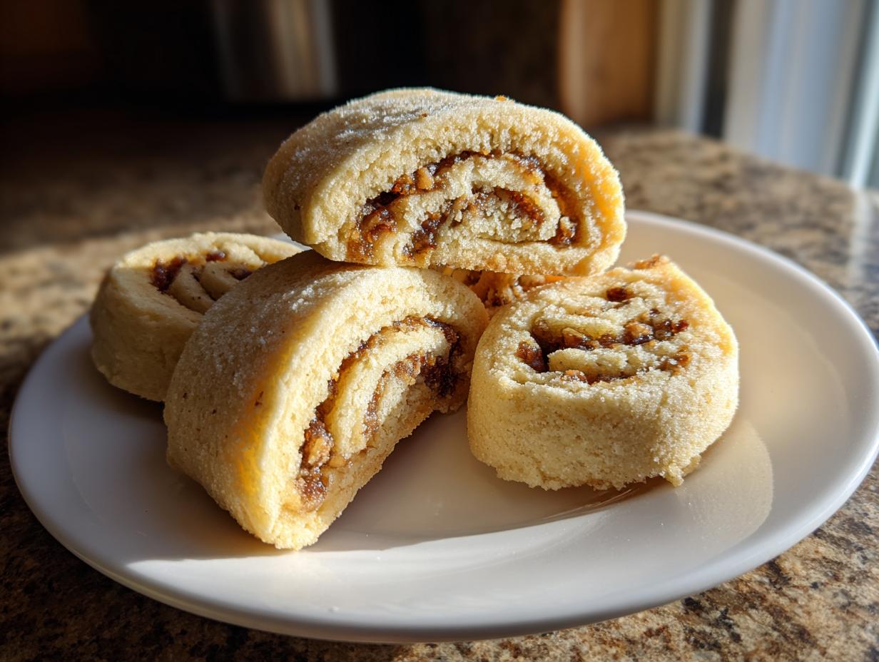 Four slices of tasteful bites Italian nut roll cookies stacked on a white plate, showing the swirl filling.