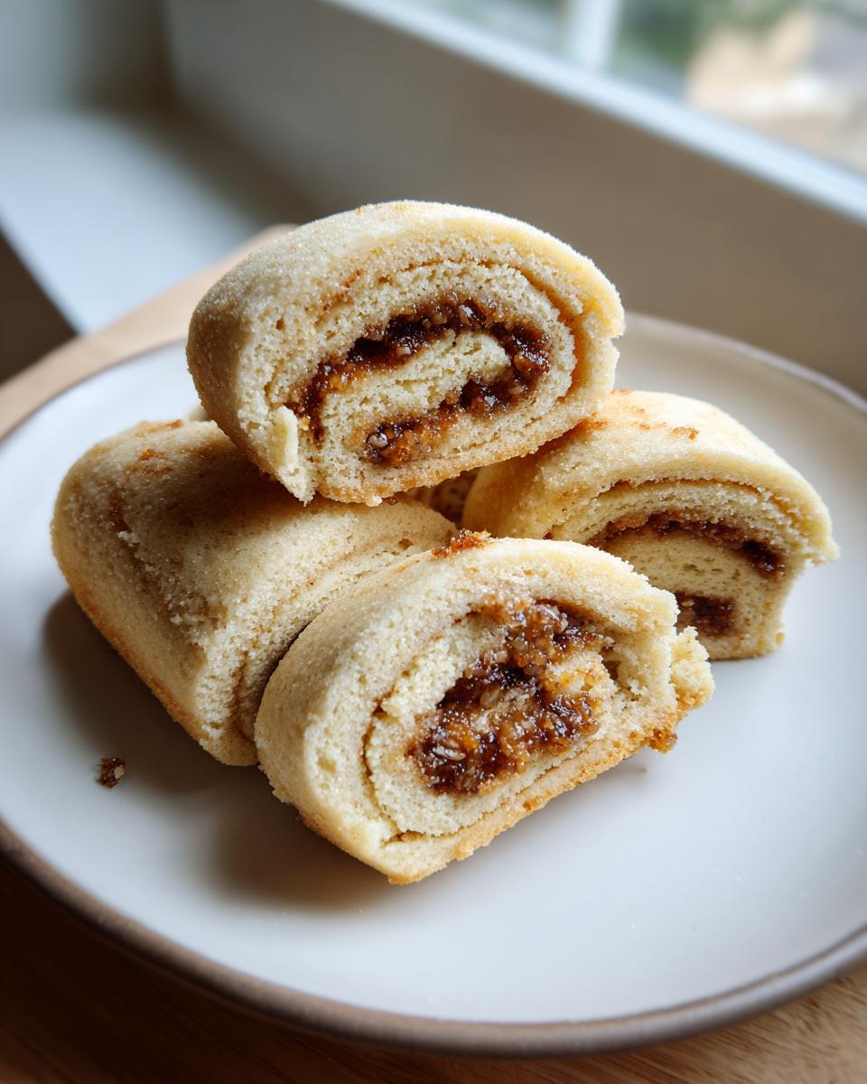 Close-up of four slices of tasteful bites Italian nut roll cookies showing the sweet nut filling.