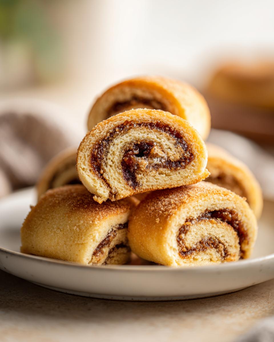 Close-up of stacked tasteful bites Italian nut roll cookies showing the swirled nut filling and sugary exterior.