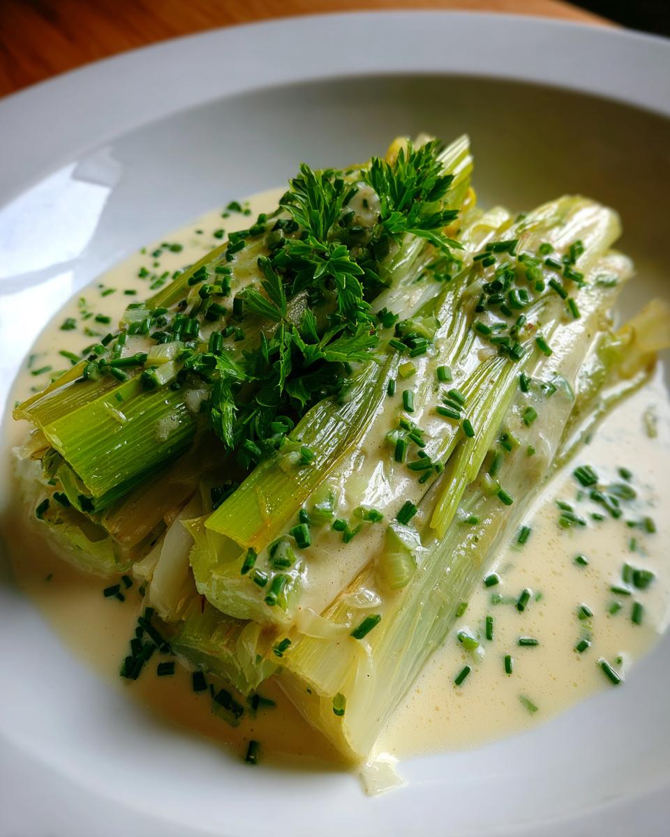 Two pieces of tender braised leeks served in a creamy white sauce and garnished with fresh chives and parsley.