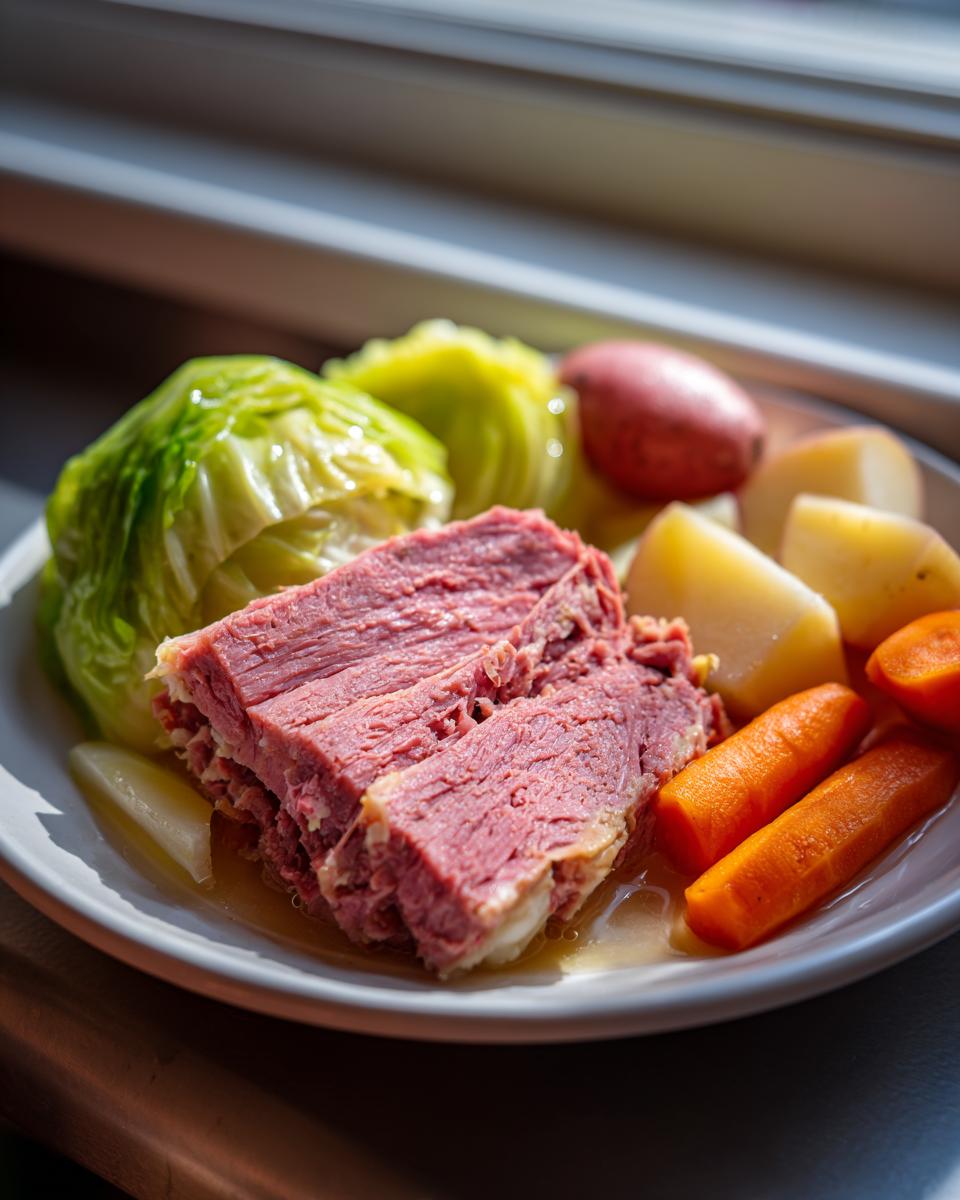 A plate featuring thick slices of tender corned beef and cabbage, carrots, and potatoes.