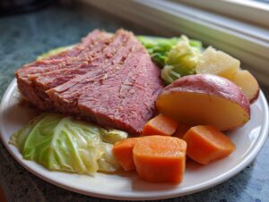 A plate featuring thick slices of tender corned beef and cabbage, served with boiled red potatoes and carrots.