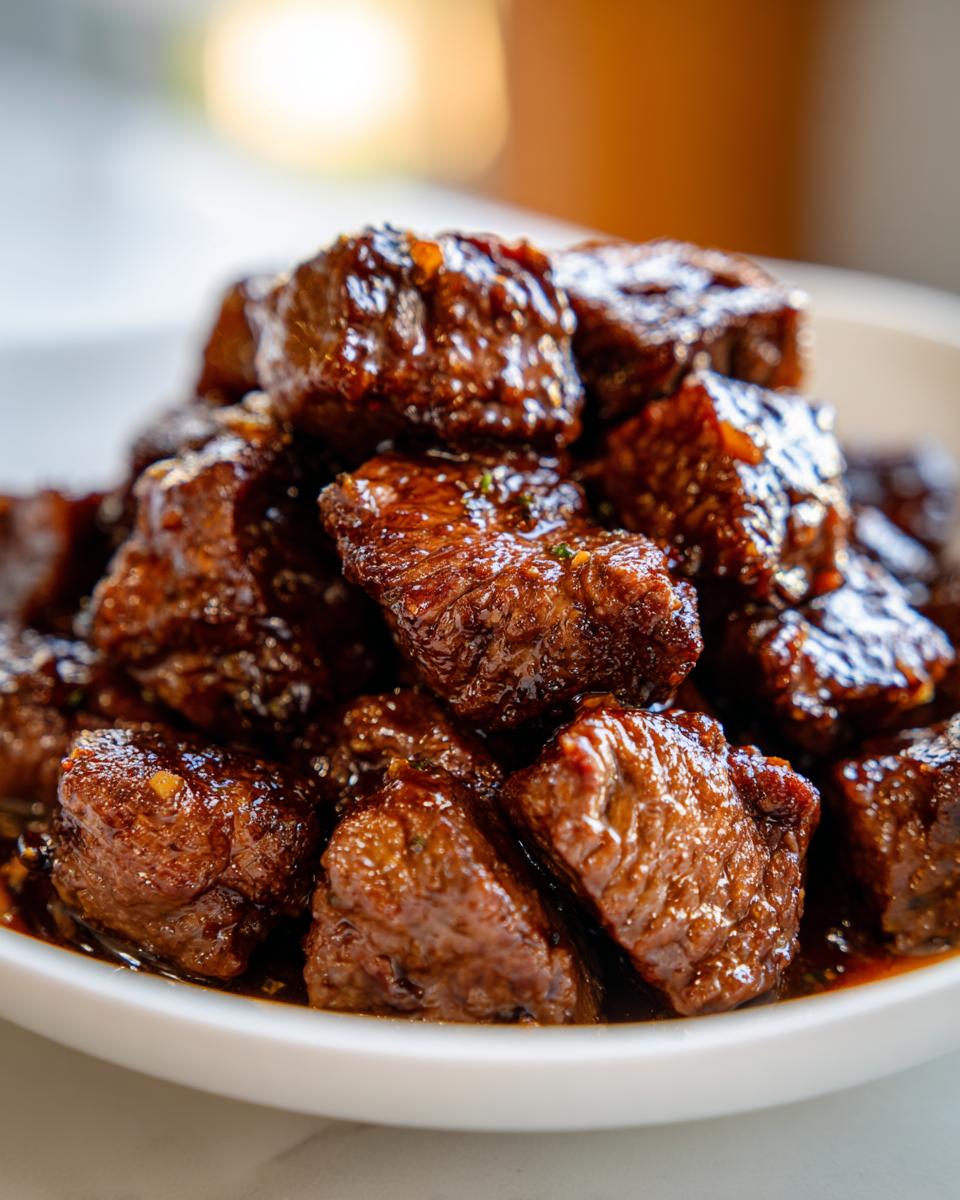Close-up of tender, glazed crockpot steak bites piled high in a white bowl.