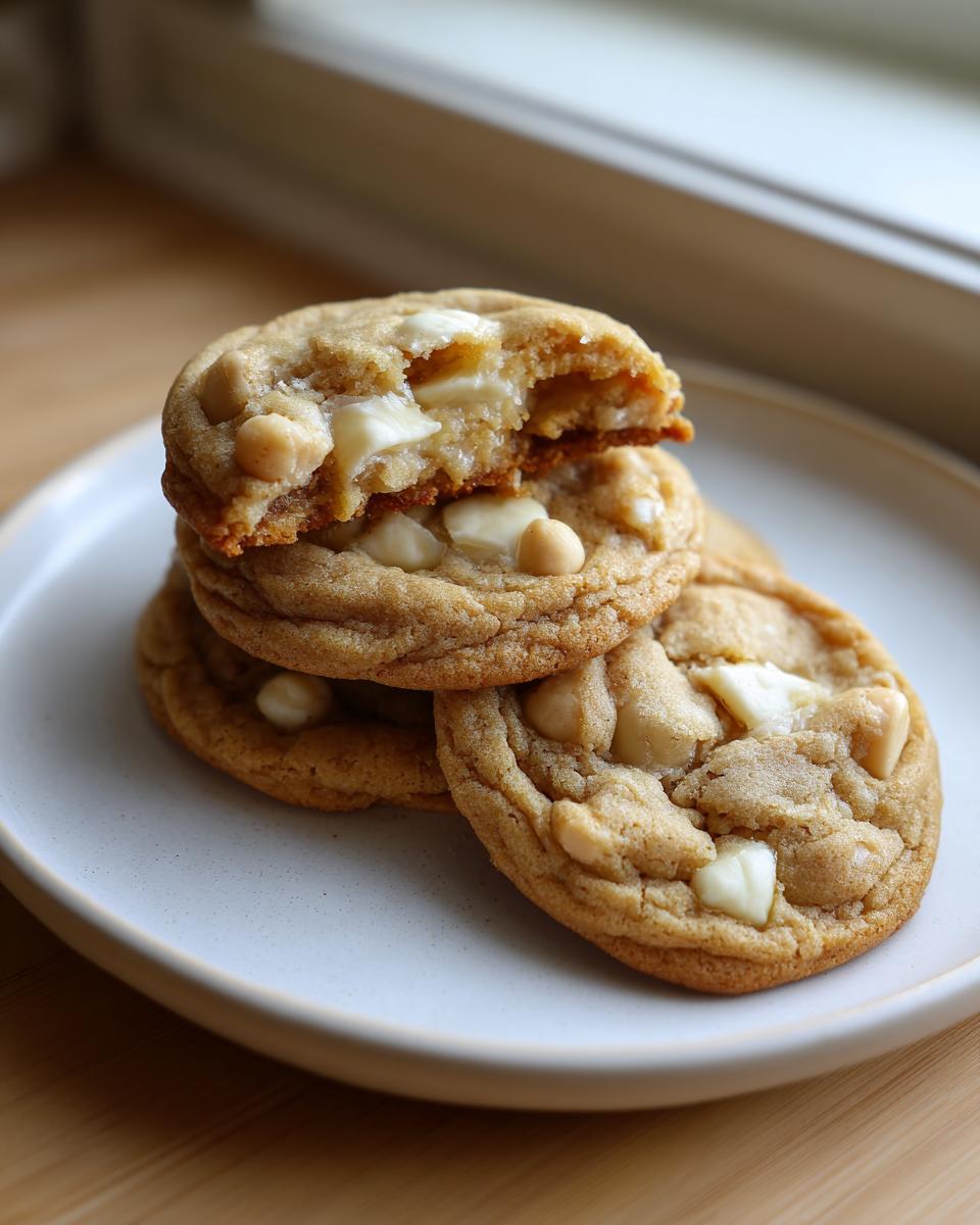 A stack of thick and chewy white chocolate macadamia nut cookies, one broken open showing the gooey center.