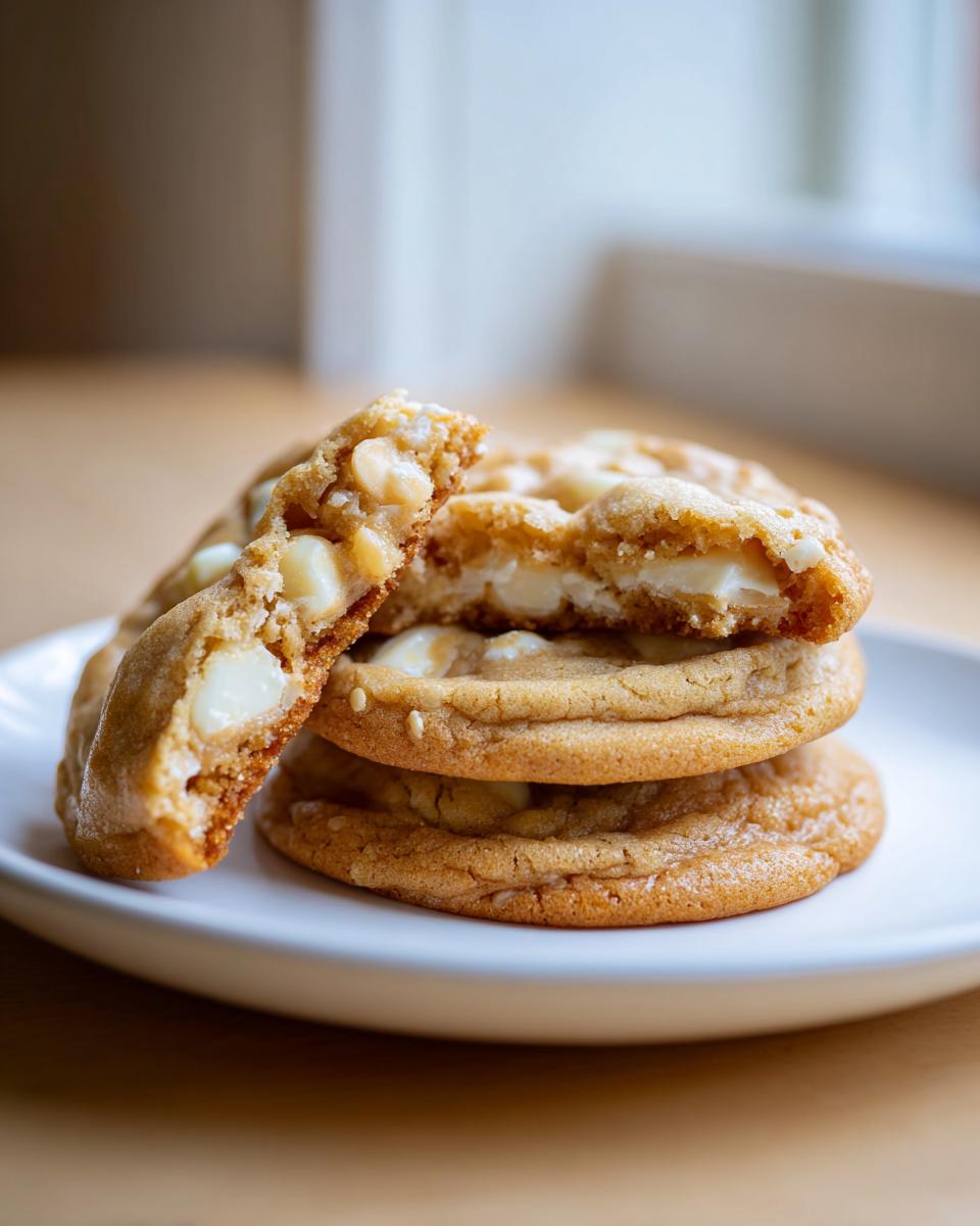 A stack of thick and chewy white chocolate macadamia nut cookies, one broken open to show the soft center.
