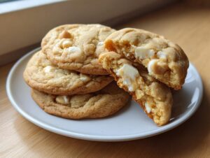 Close-up of thick and chewy white chocolate macadamia nut cookies, one broken open to show the gooey center.
