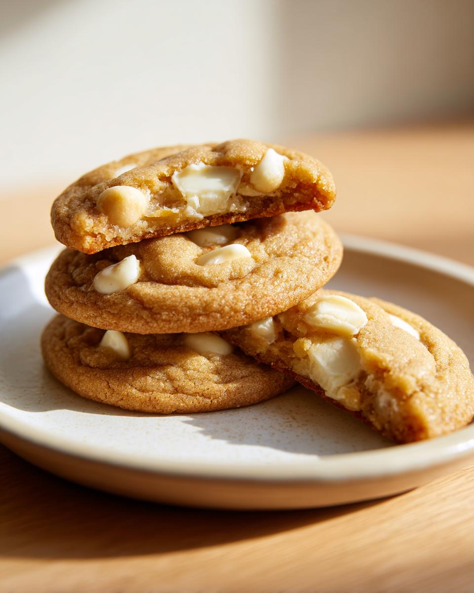 A stack of three thick and chewy white chocolate macadamia nut cookies, one broken open to show the soft center.