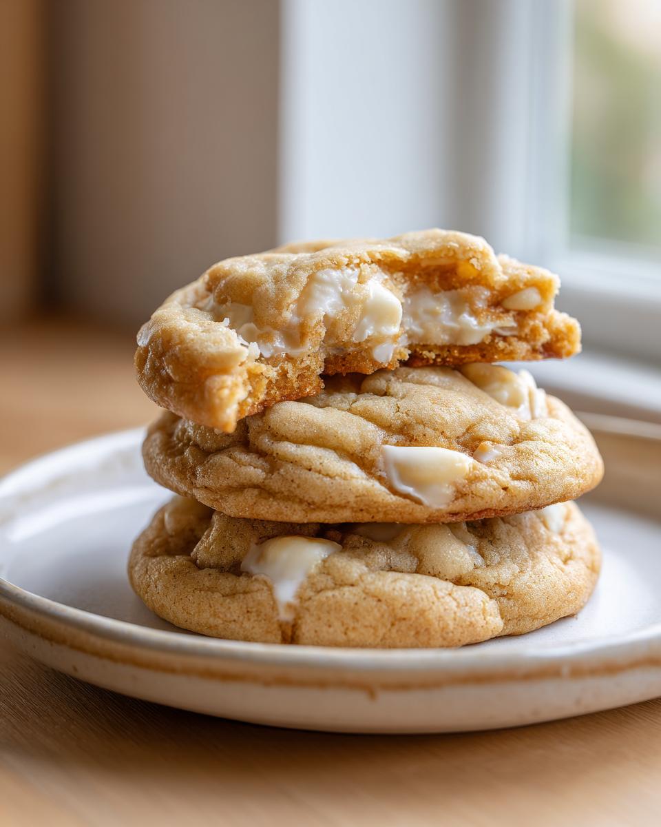 A stack of three thick and chewy white chocolate macadamia nut cookies, with the top one broken open showing the gooey center.