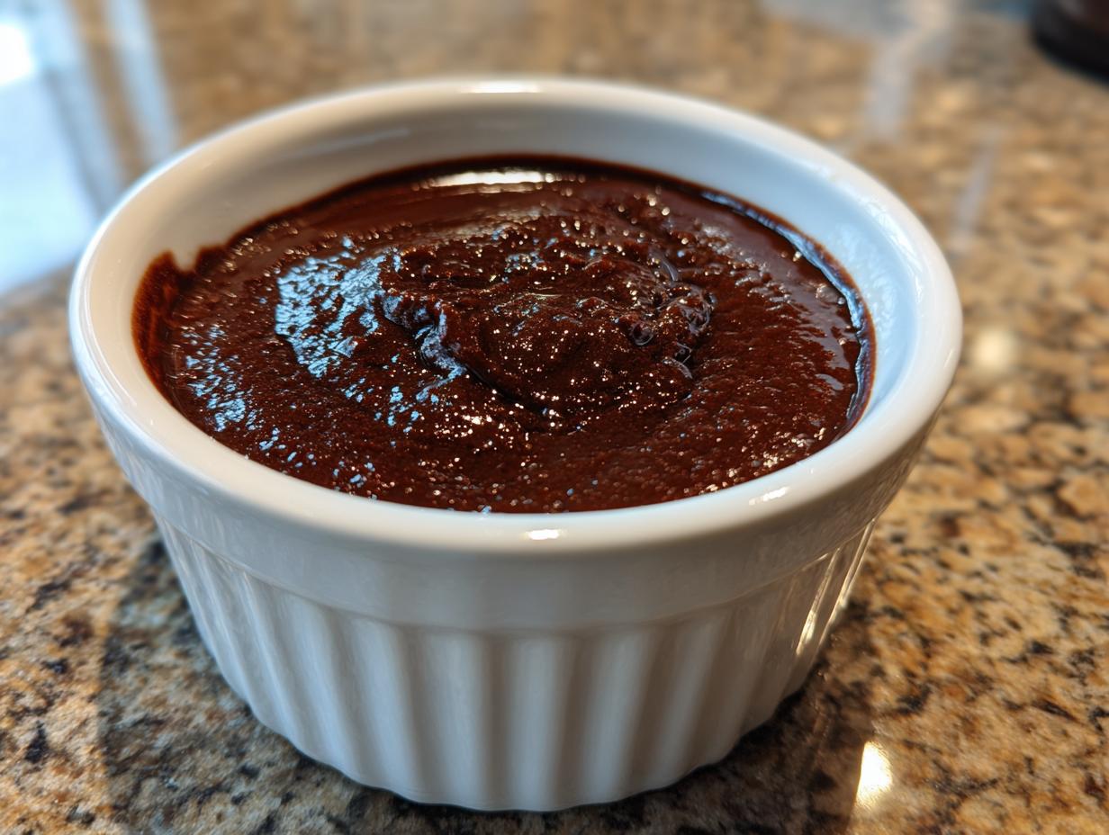 Thick, dark, glossy chocolate sauce for churros served in a small white fluted ramekin on a granite counter.