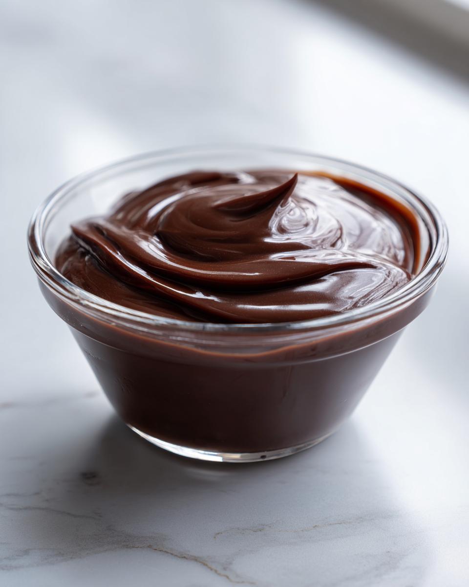 A close-up of thick, glossy homemade chocolate sauce swirled in a small clear glass bowl.