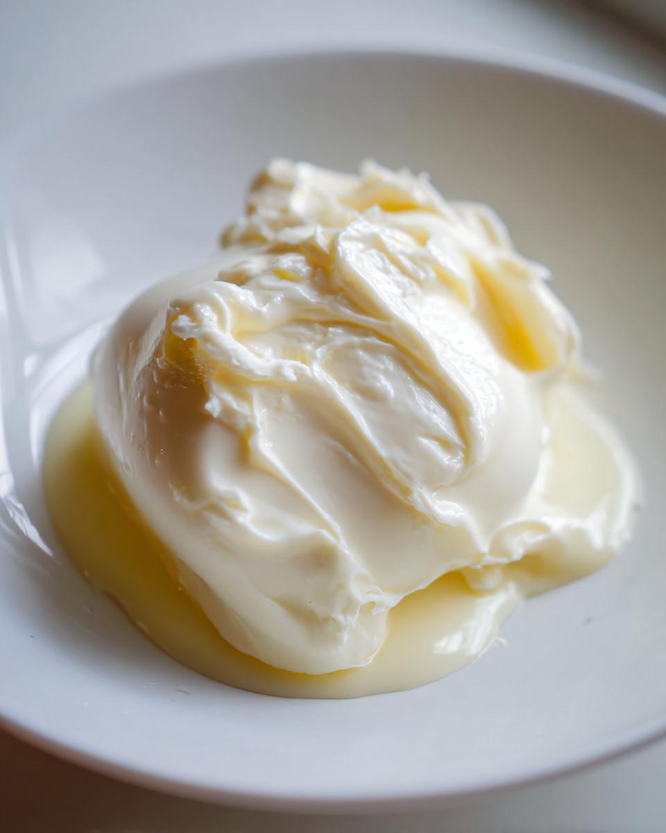 Close-up of thick, creamy white chocolate ganache resting on a pool of slightly melted ganache in a white bowl.