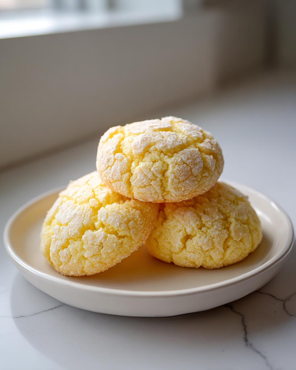 Three bright yellow, crinkle-top cake mix cookies stacked on a small white plate.