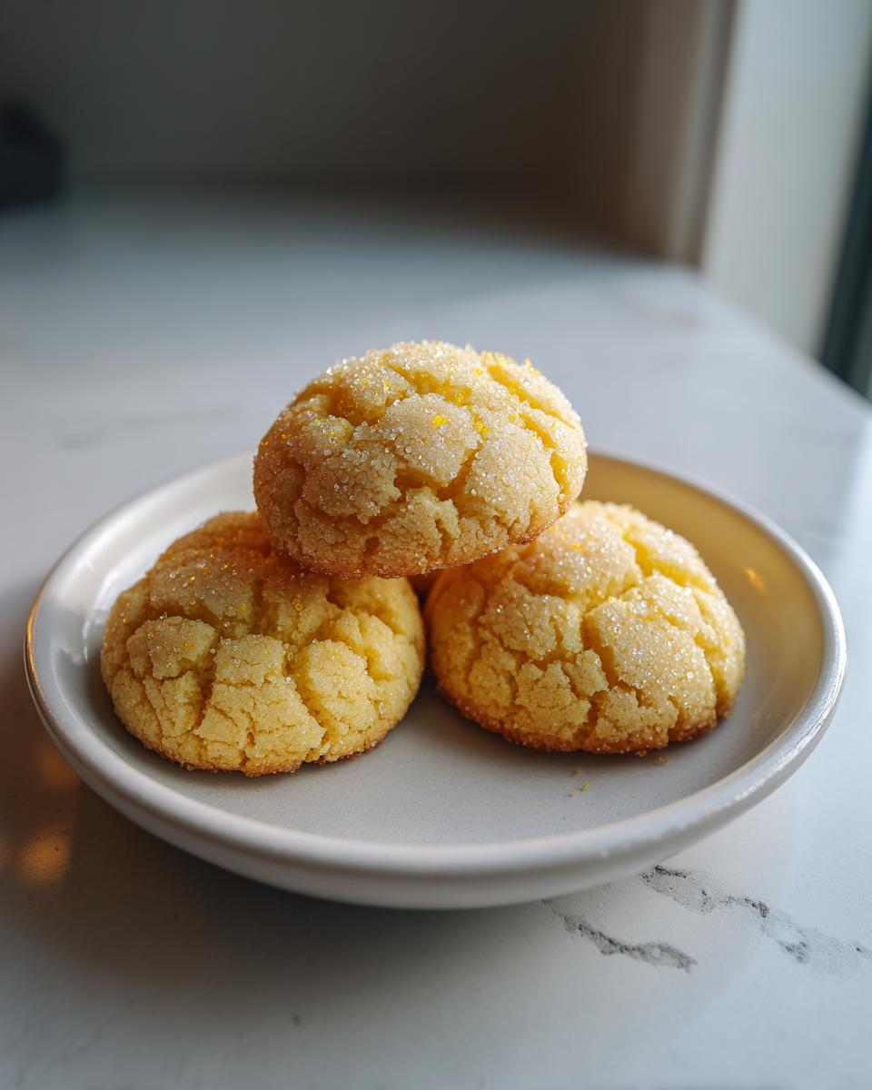 Three bright yellow cake mix cookies, coated in sugar, stacked on a small white plate.