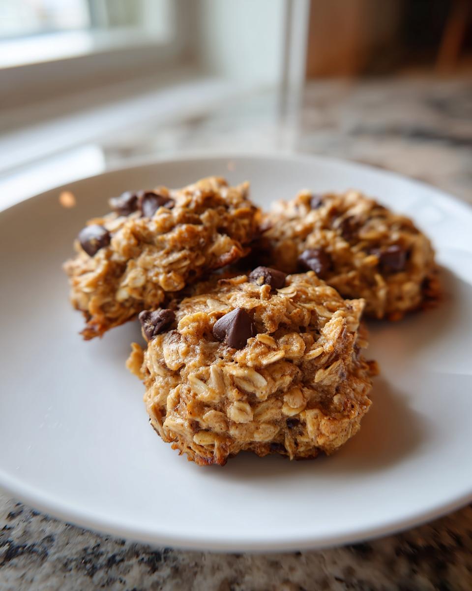Three textured chocolate chip breakfast cookie made with oats, resting on a white plate.