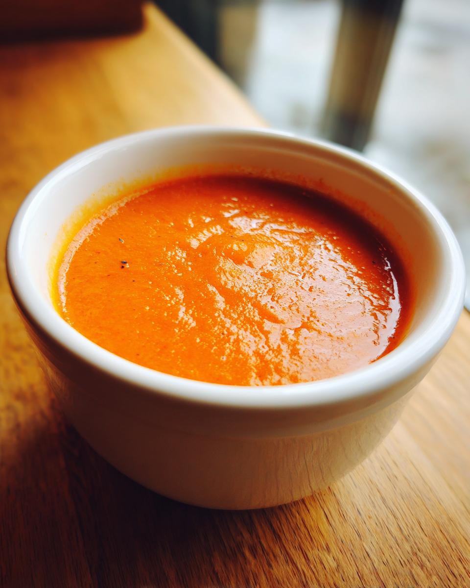Close-up of a white bowl filled with bright orange tomato and roasted red pepper soup on a wooden surface.
