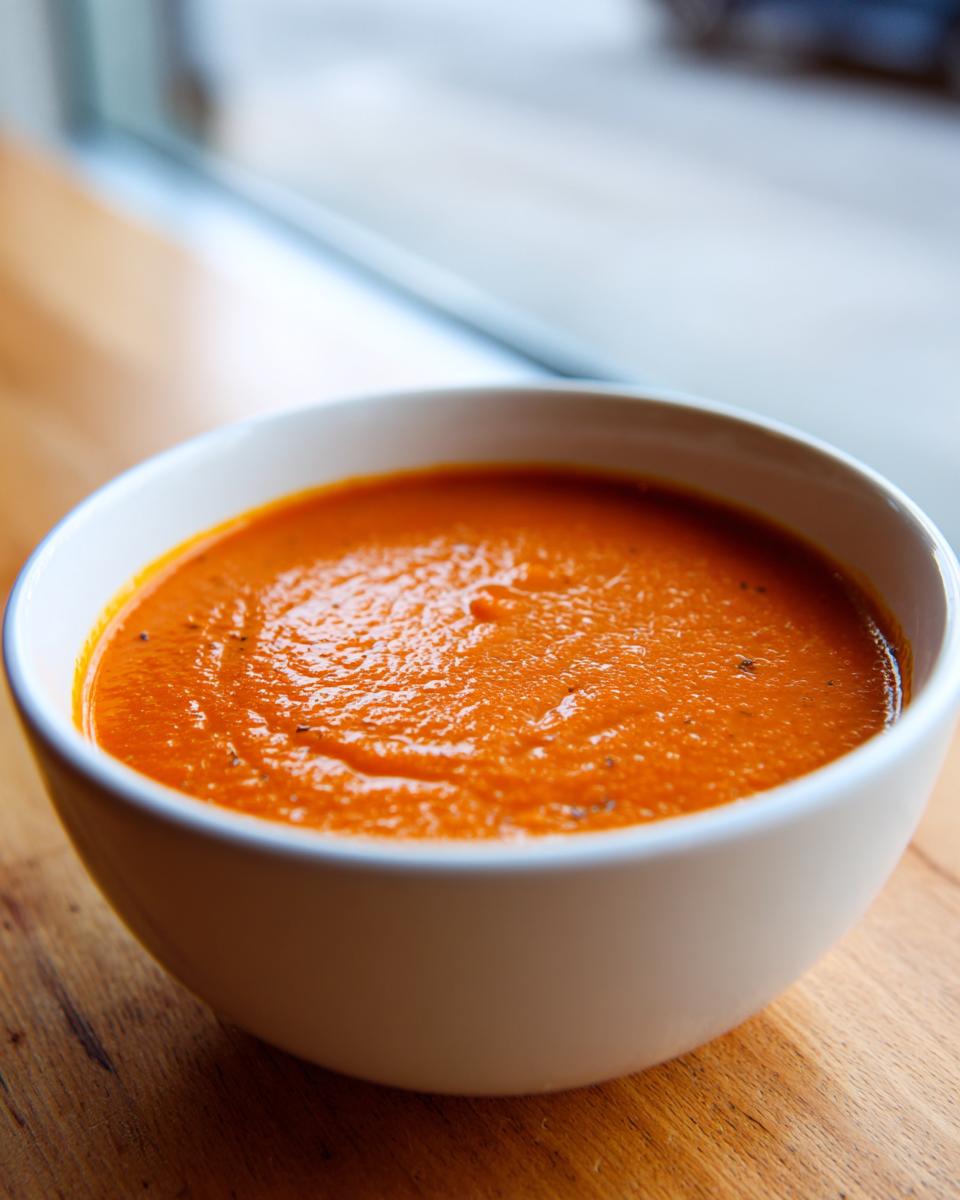 Close-up of a white bowl filled with smooth, vibrant tomato and roasted red pepper soup.