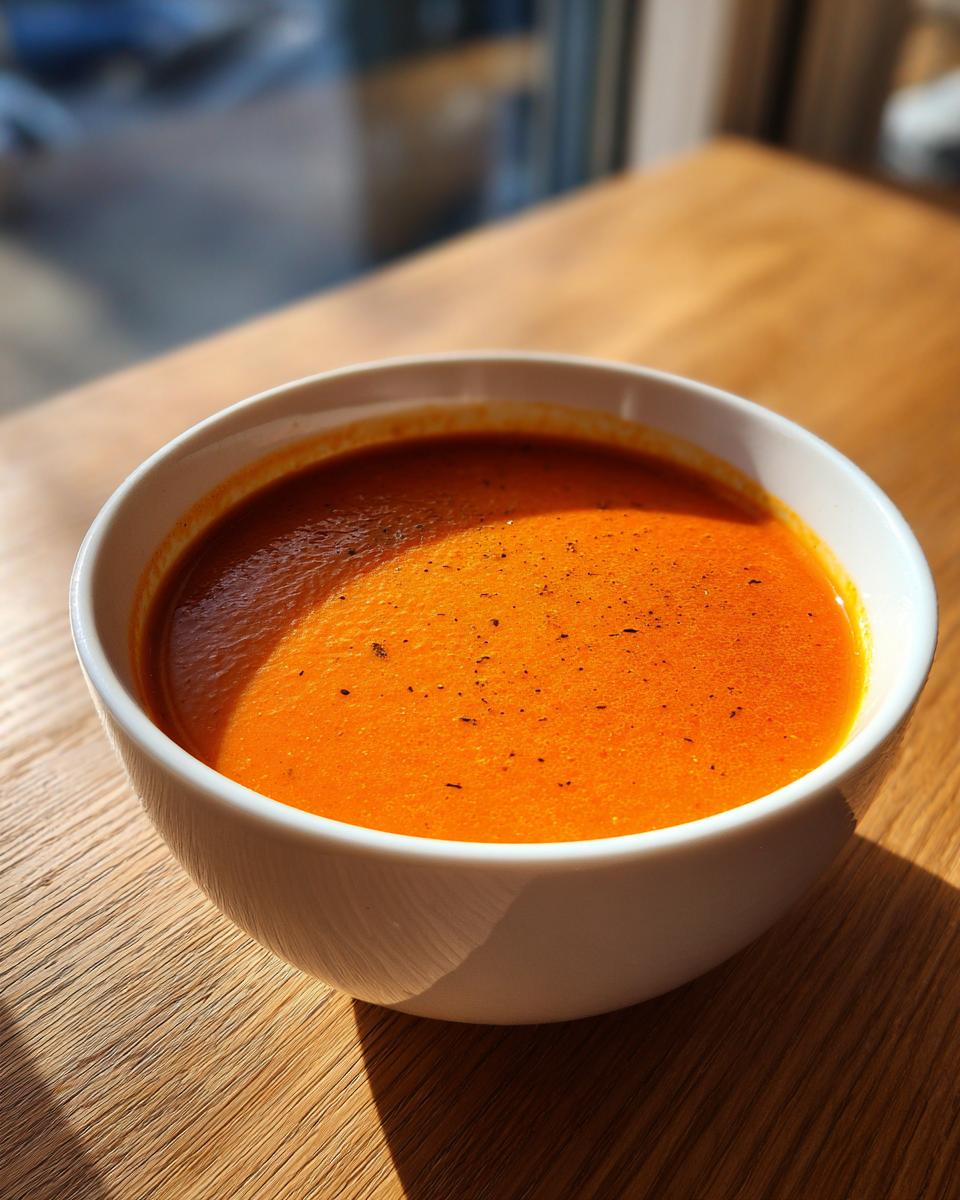 A close-up of a white bowl filled with bright orange tomato and roasted red pepper soup, sitting on a wooden table.