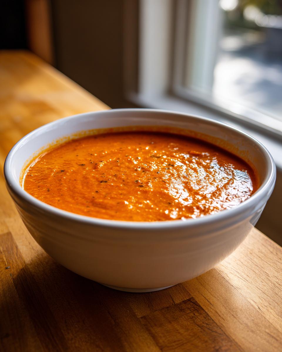 A close-up of a white bowl filled with vibrant, creamy tomato and roasted red pepper soup.