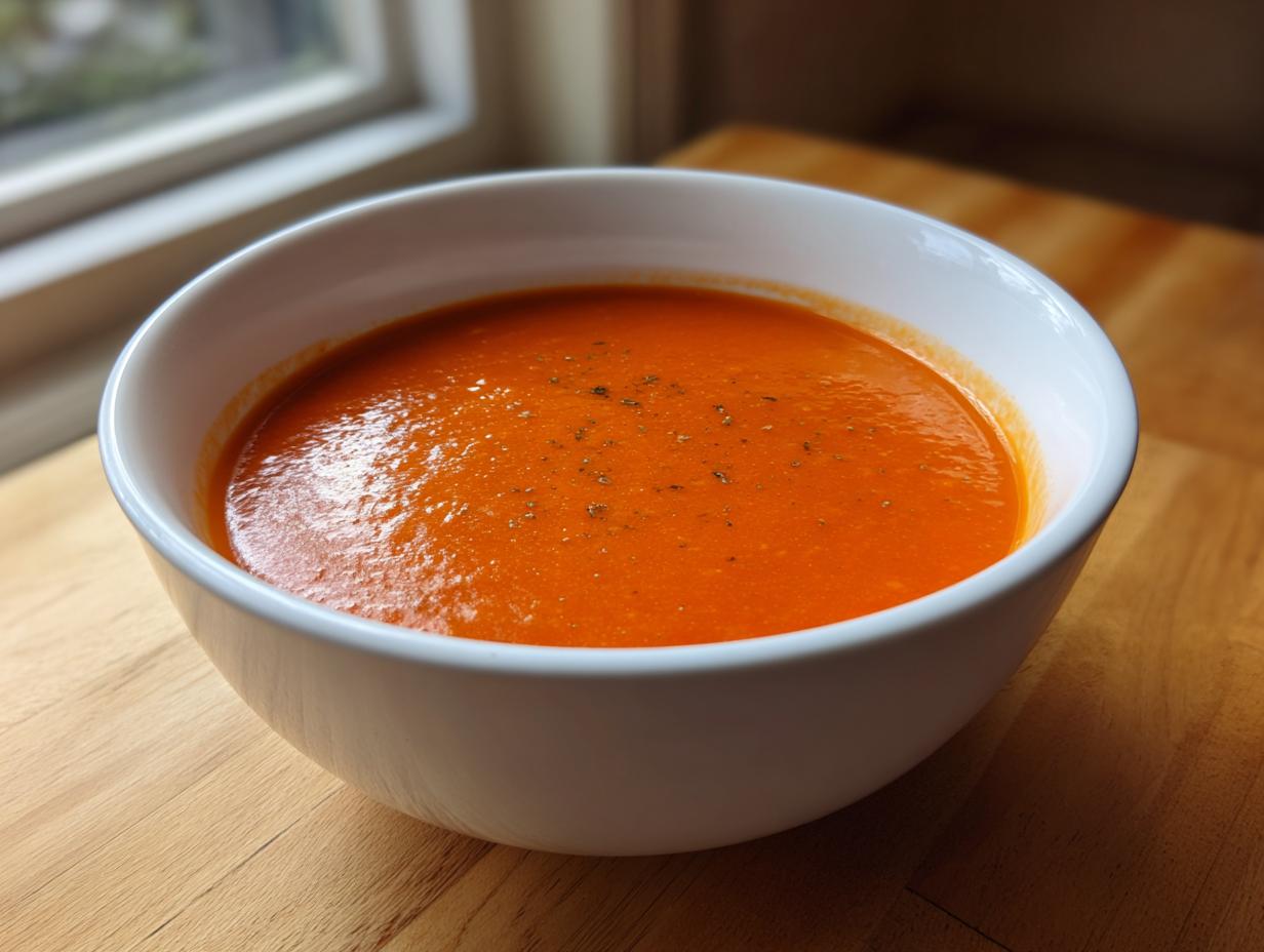 A close-up of a white bowl filled with vibrant orange tomato and roasted red pepper soup, seasoned with herbs.