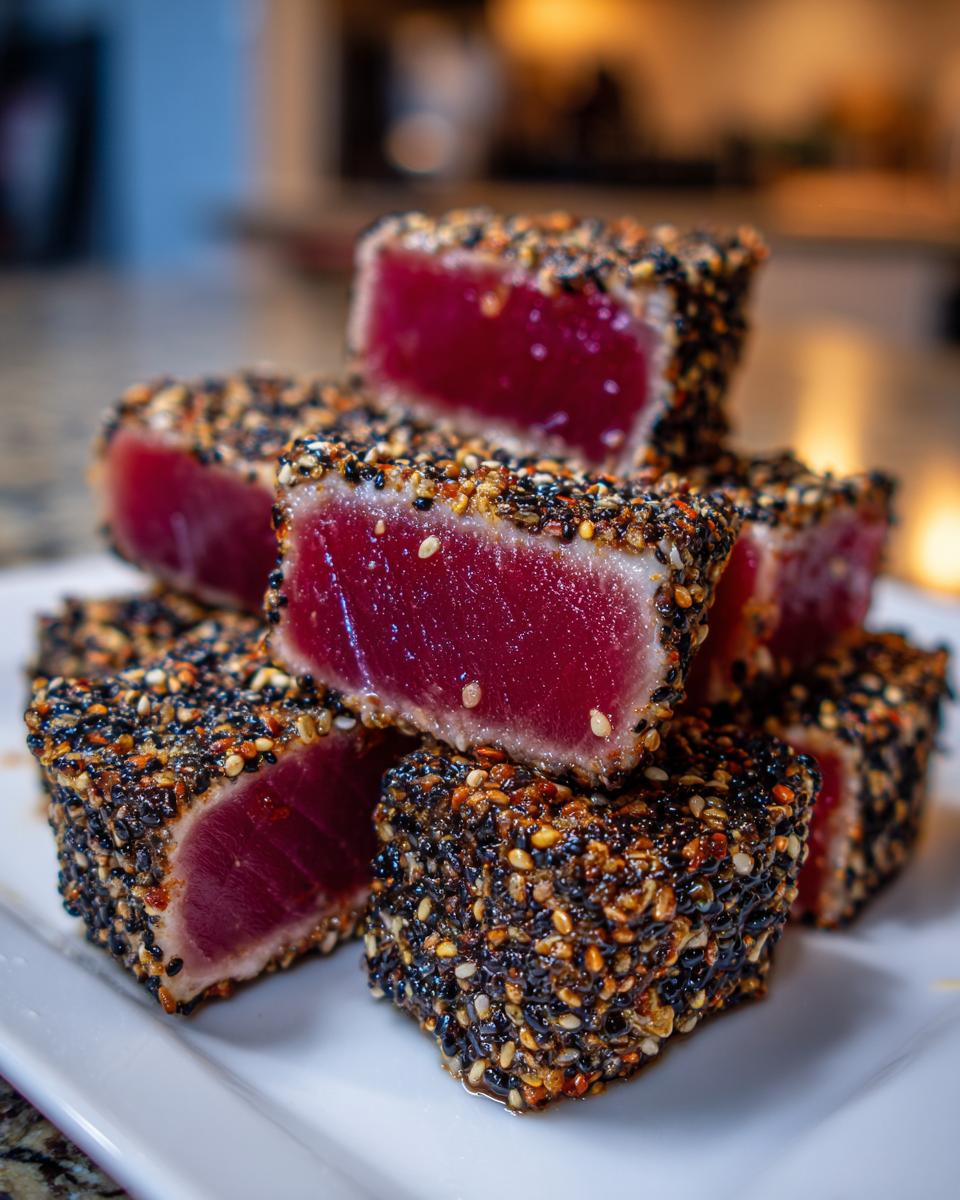 Close-up of stacked, perfectly seared tuna tataki pieces coated in a black and white sesame seed crust.