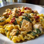 A close-up shot of creamy Tuscan chicken pasta featuring fusilli noodles, chunks of chicken, spinach, and sun-dried tomatoes.