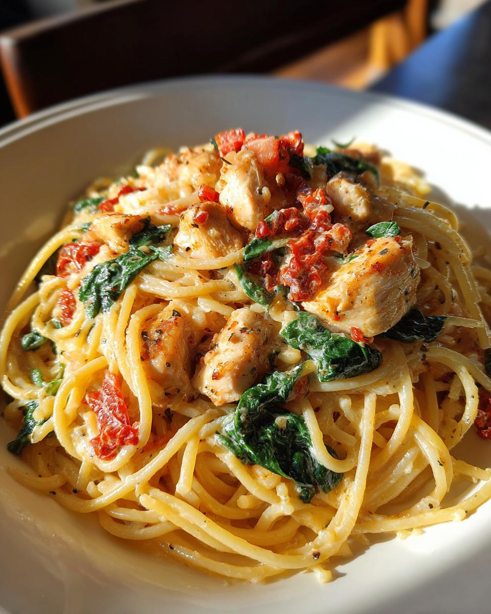 A close-up shot of creamy Tuscan chicken pasta featuring spaghetti, chunks of seasoned chicken, spinach, and sun-dried tomatoes.