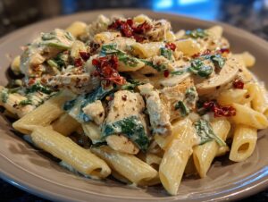 Close-up of creamy Tuscan chicken pasta featuring penne, sliced chicken, spinach, and sun-dried tomatoes.
