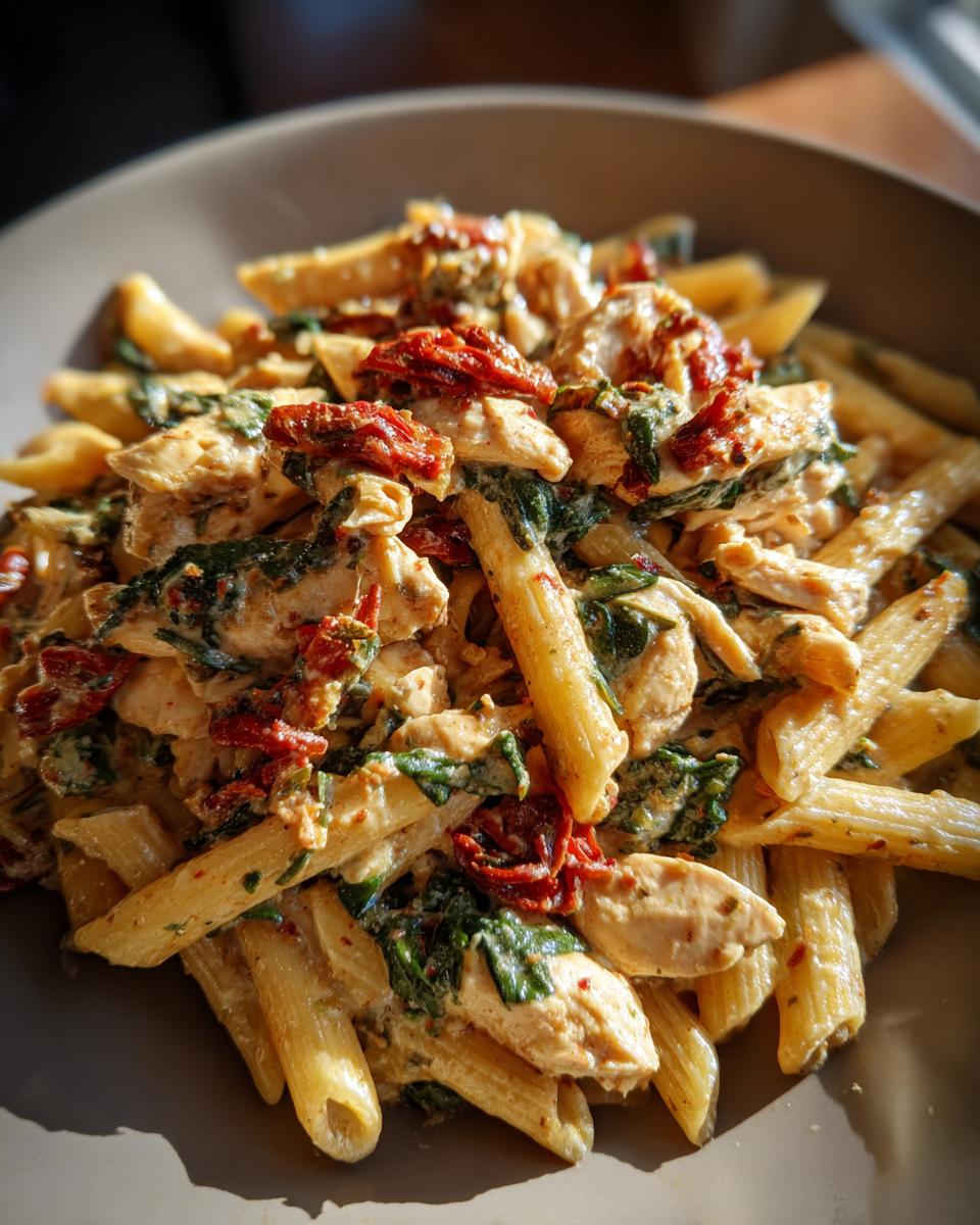 A close-up, appetizing serving of Tuscan chicken pasta featuring penne, chicken pieces, spinach, and sun-dried tomatoes in a creamy sauce.