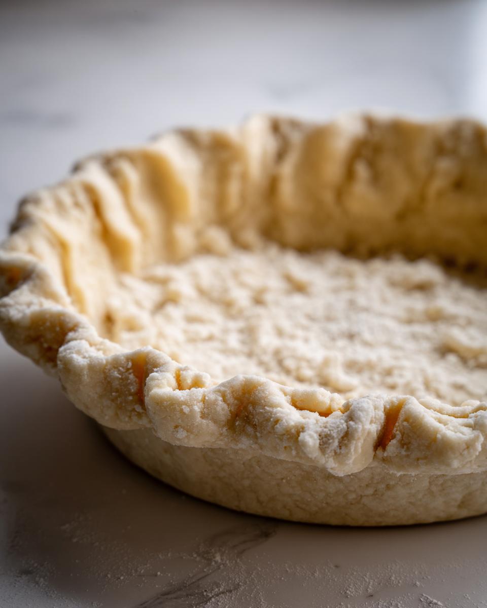 Close-up of an unbaked, crimped pie crust recipe dough sitting in a pie dish, ready for filling.