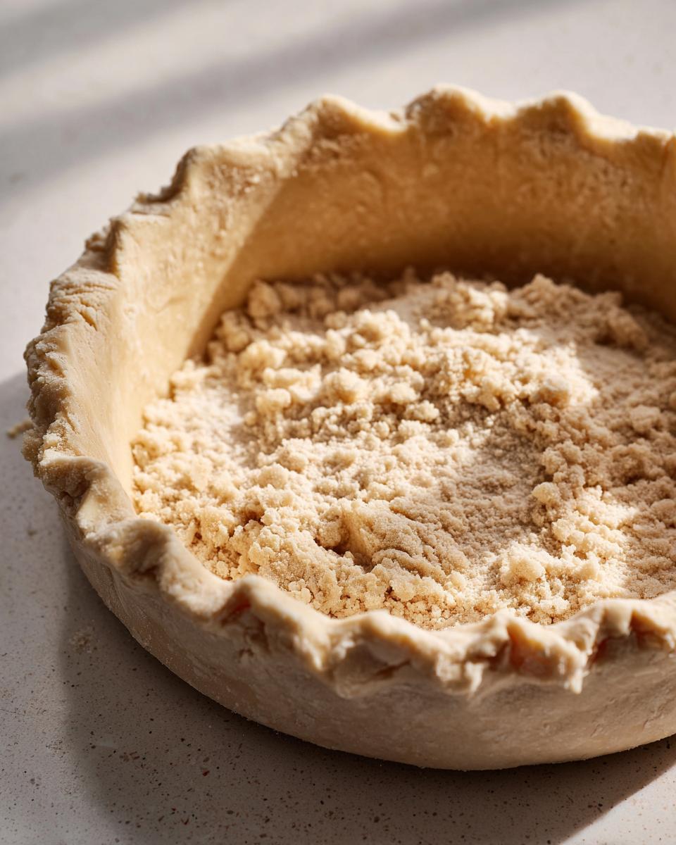 Close-up of an unbaked pie crust recipe shell filled with a layer of crumb topping.