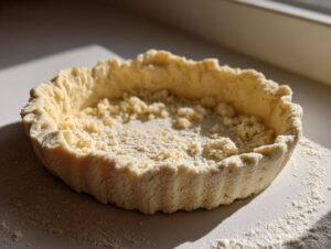 Unbaked, raw pie crust recipe dough pressed into a fluted tart pan, showing crumbly texture.