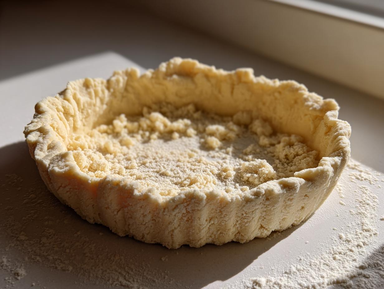 Unbaked, raw pie crust recipe dough pressed into a fluted tart pan, showing crumbly texture.