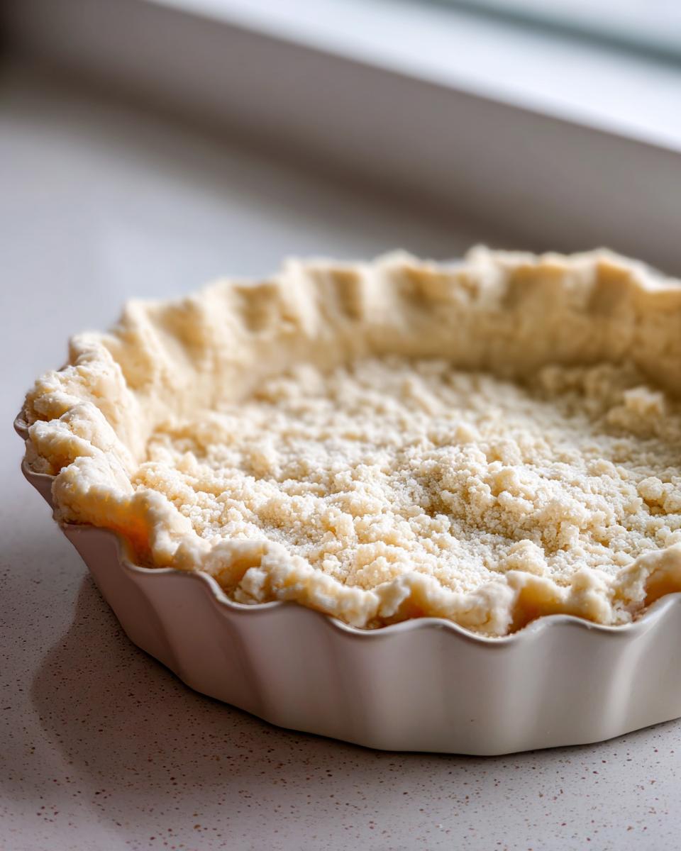 Close-up of an unbaked pie crust recipe dough lining a white, fluted tart dish, ready for filling.