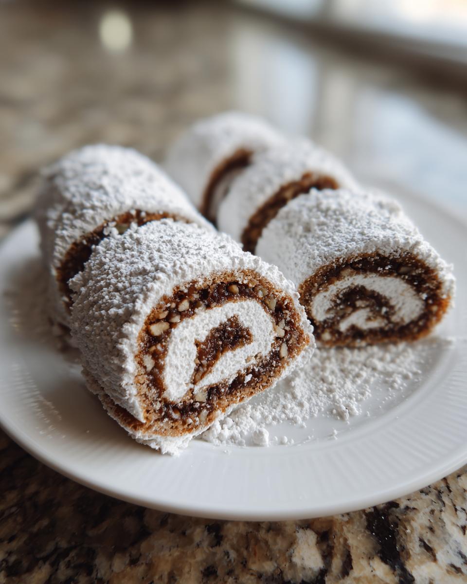 Close-up of sliced Valerie Bertinelli Italian nut roll cookies dusted heavily with powdered sugar.