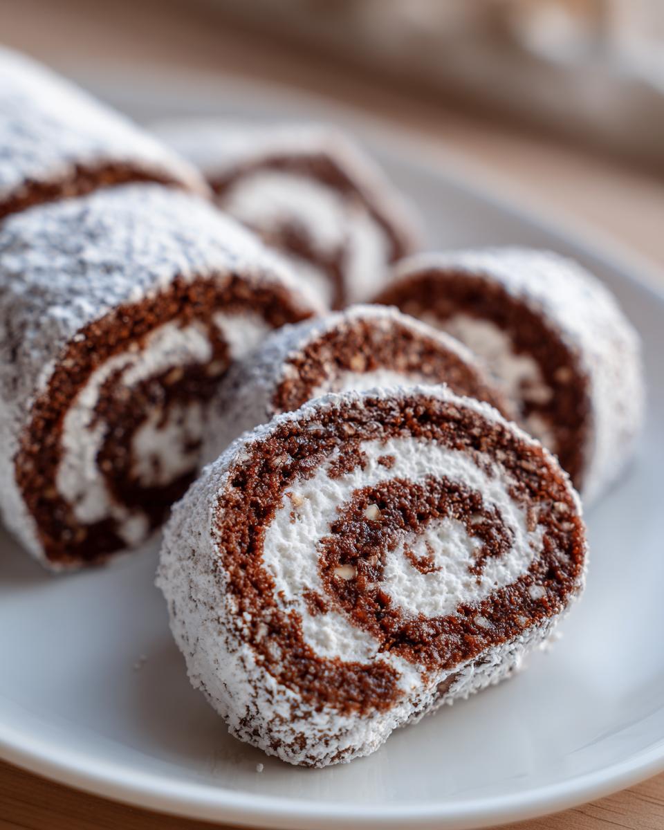 Close-up of sliced valerie bertinelli italian nut roll cookies showing dark chocolate swirl and white filling dusted with powdered sugar.