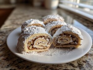 Slices of Valerie Bertinelli Italian Nut Roll Cookies dusted heavily with powdered sugar on a white plate.